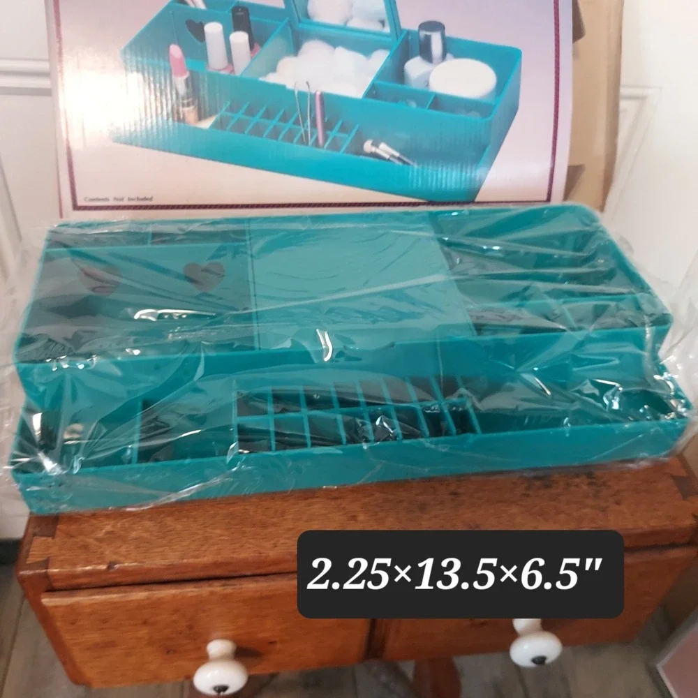 Vintage Kmart Teal Blue Cosmetic Organizer Mirror Heart Cutouts 90s Vanity Tray